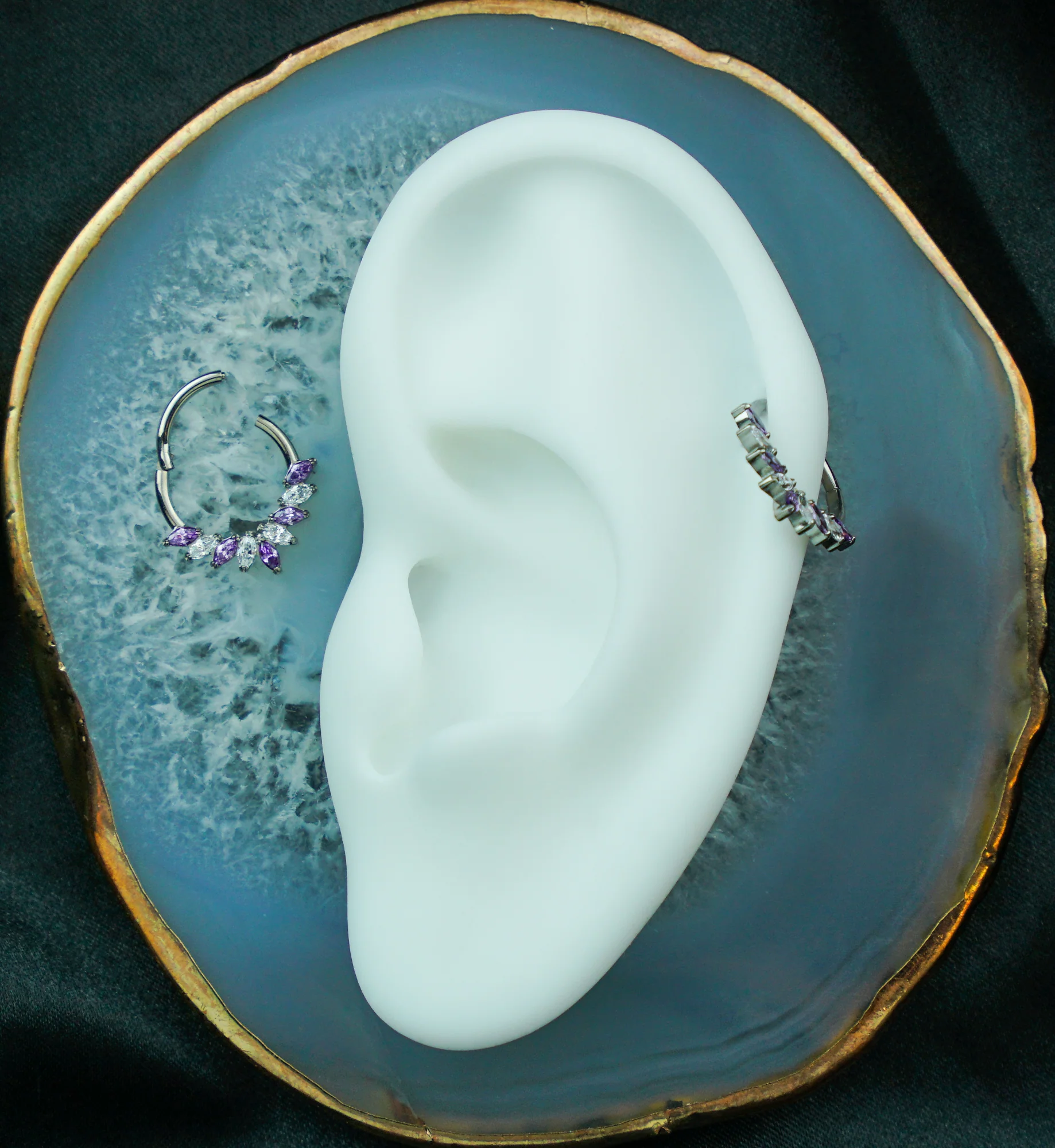Half Crown Cluster Amethyst and Clear CZ Titanium Hinged Segment Ring - Image 3