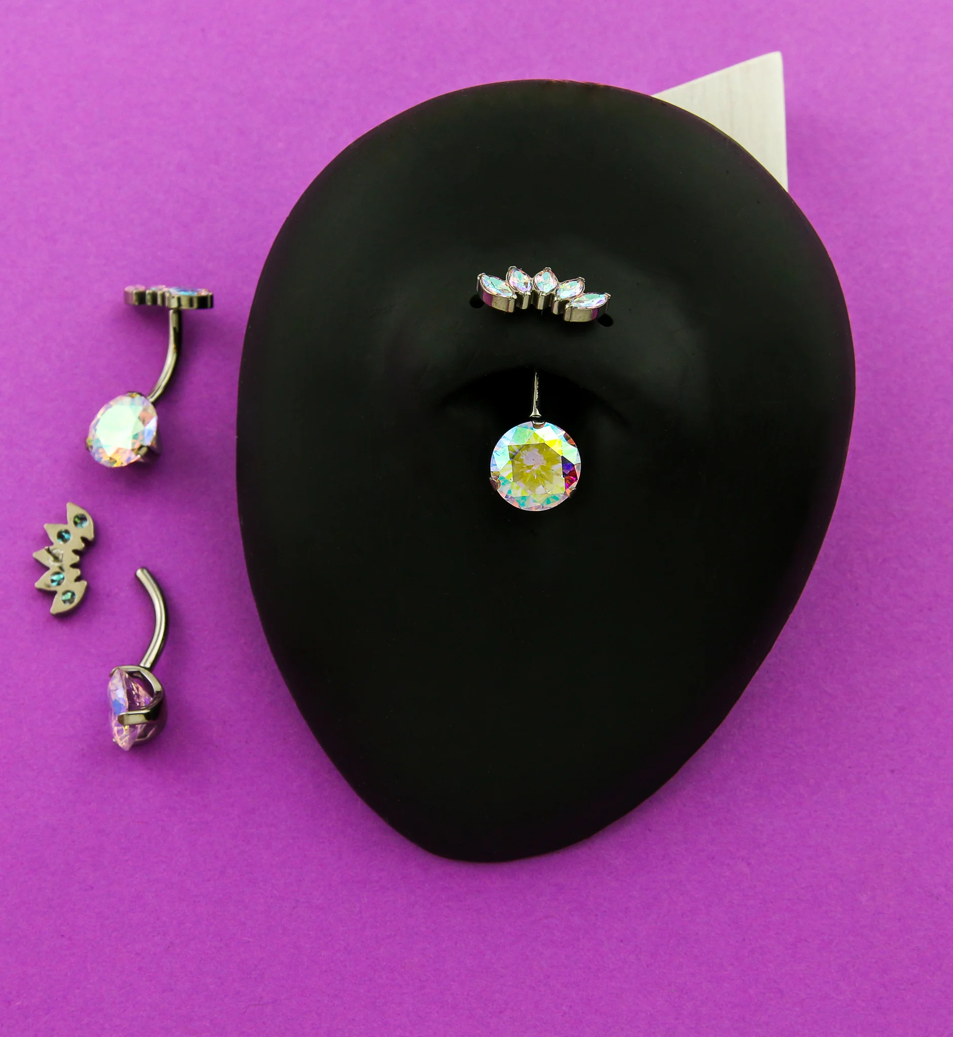 Half Crown Rainbow Aurora CZ Titanium Threadless Belly Button Ring - Image 2