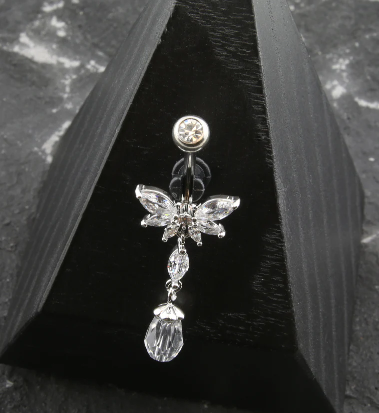 Half Flower Clear CZ Dangle Faceted Charm Stainless Steel Belly Button Ring - Image 2