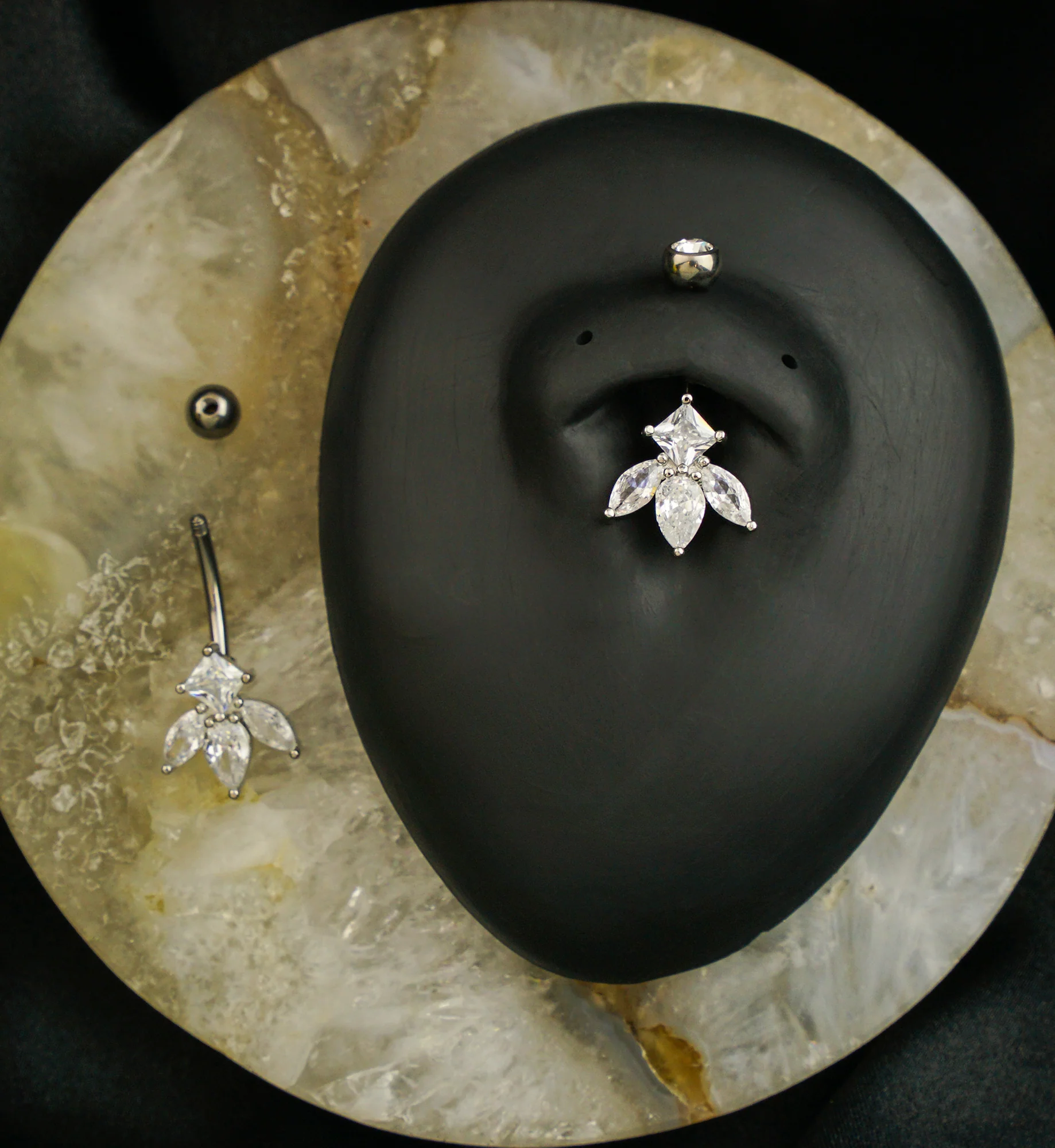 Half Flower Clear CZ Titanium Belly Button Ring - Image 2