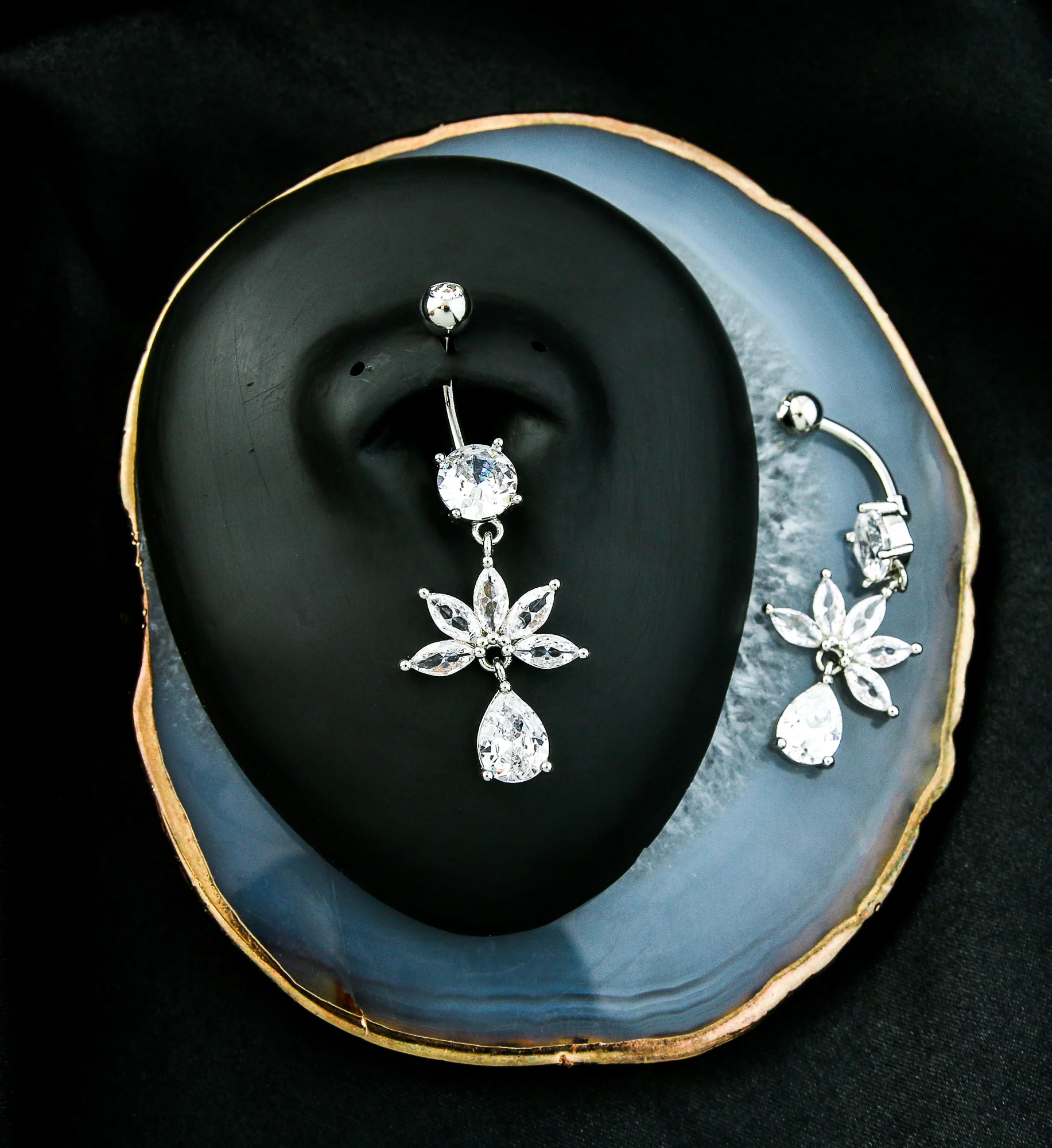 Half Flower Marquise Clear CZ Teardrop Dangle Stainless Steel Belly Button Ring - Image 2