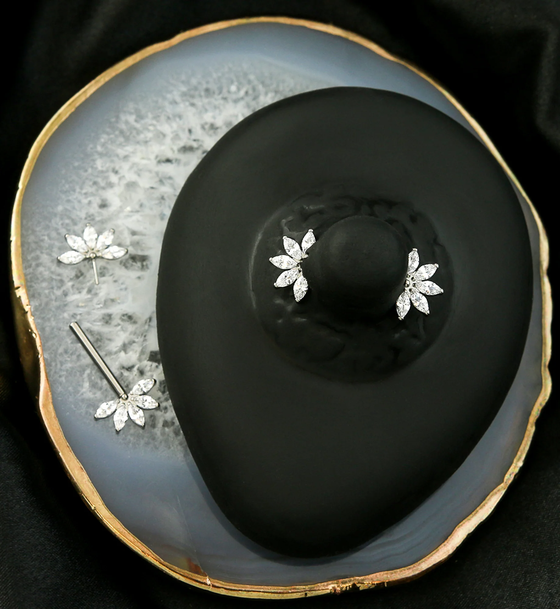 Half Flower Marquise Clear CZ Threadless Titanium Nipple Barbell - Image 2