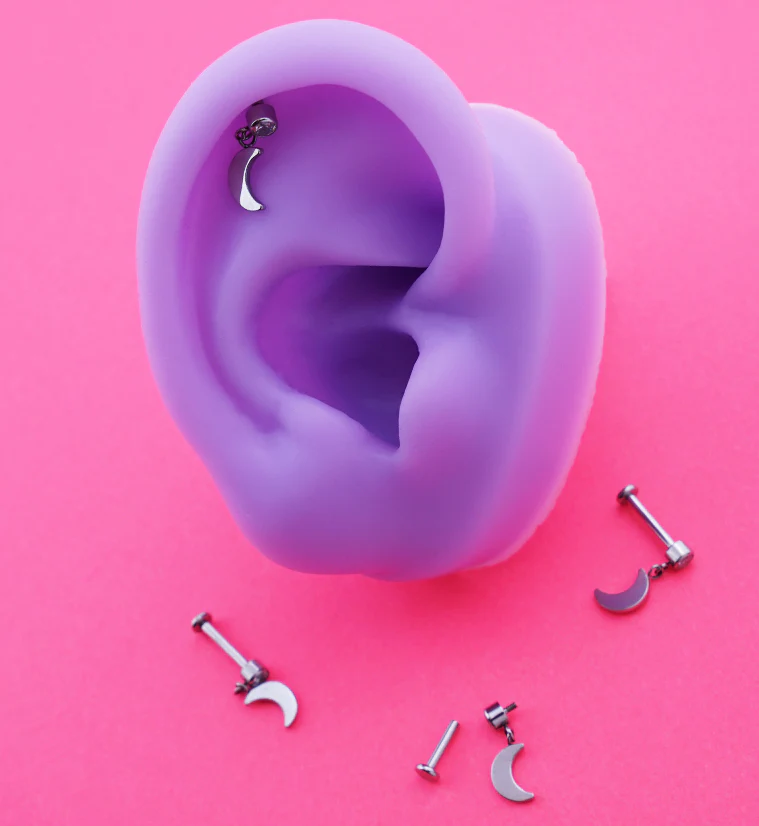 Half Moon Dangle Clear CZ Titanium Internally Threaded Labret - Image 2