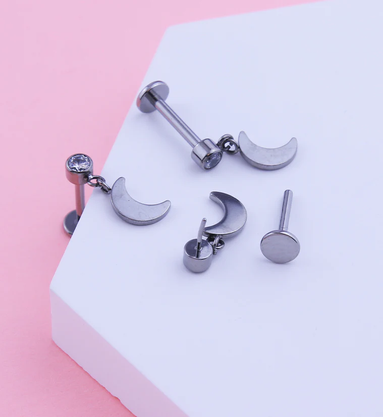 Half Moon Dangle Clear CZ Titanium Threadless Labret - Image 2