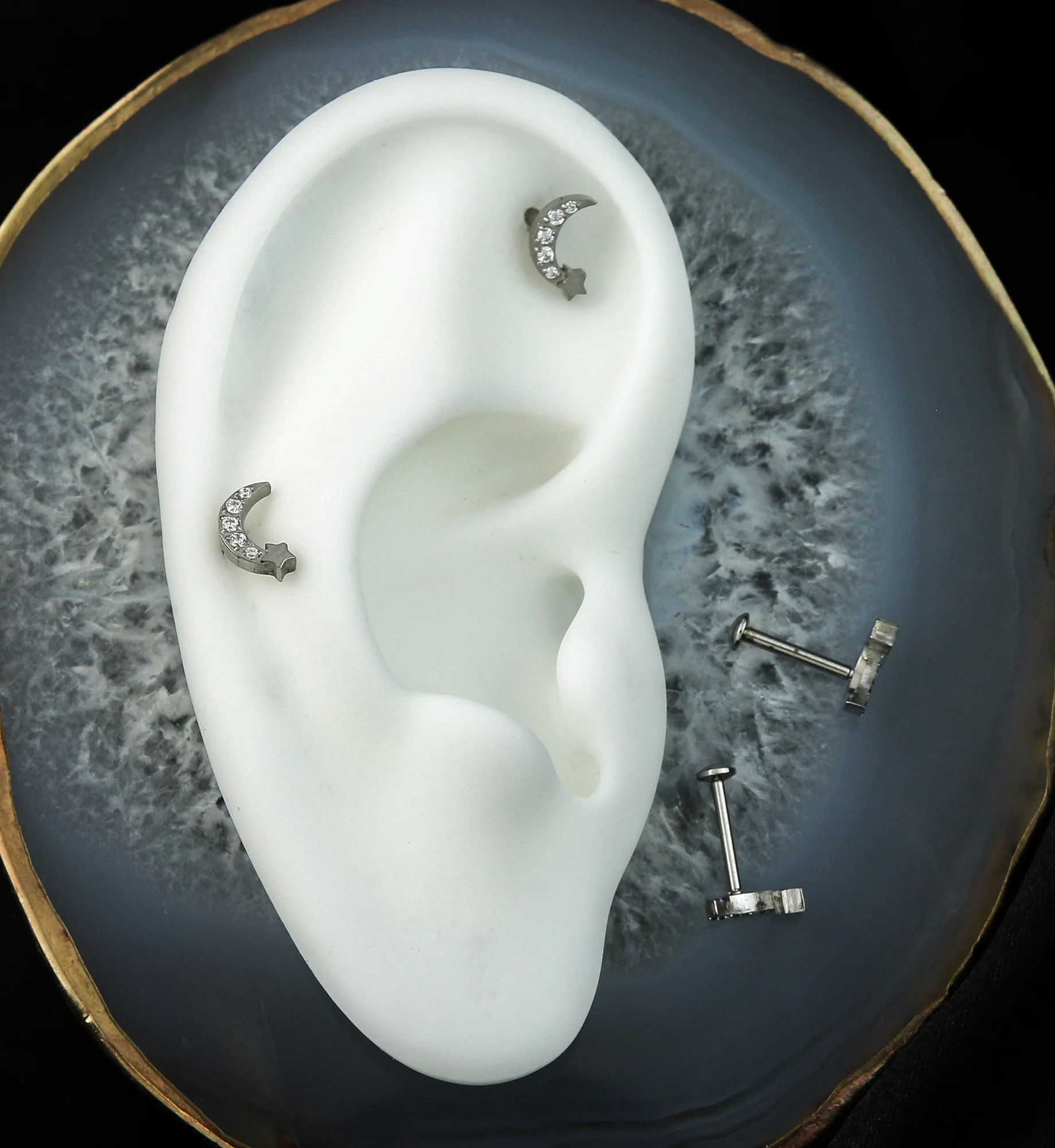 Half Moon Star Clear CZ Stainless Steel Convex Back Threadless Labret - Image 2