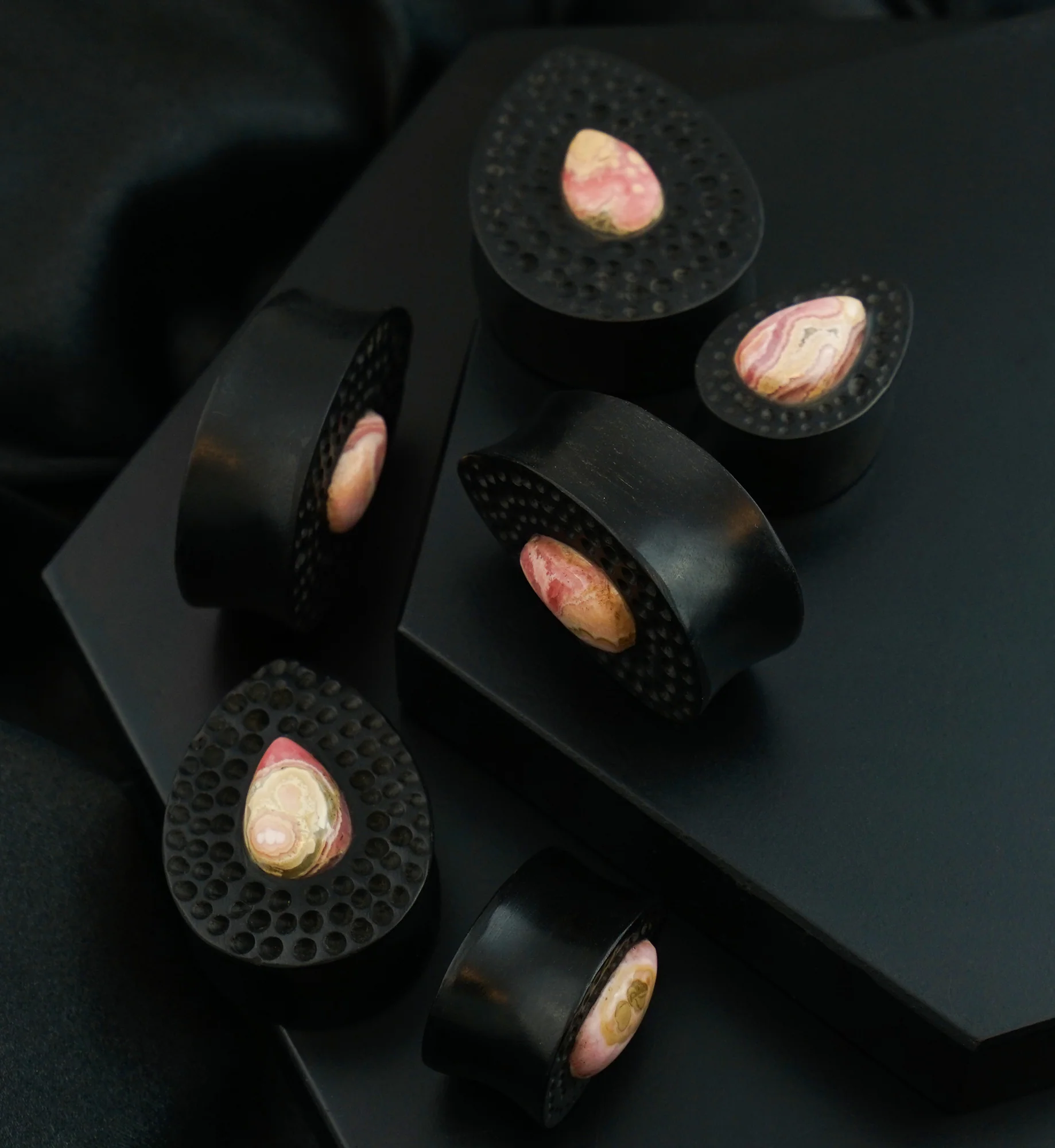 Hammered Areng Wood Teardrop Plugs with Teardrop Rhodochrosite Stone Inlay - Image 2