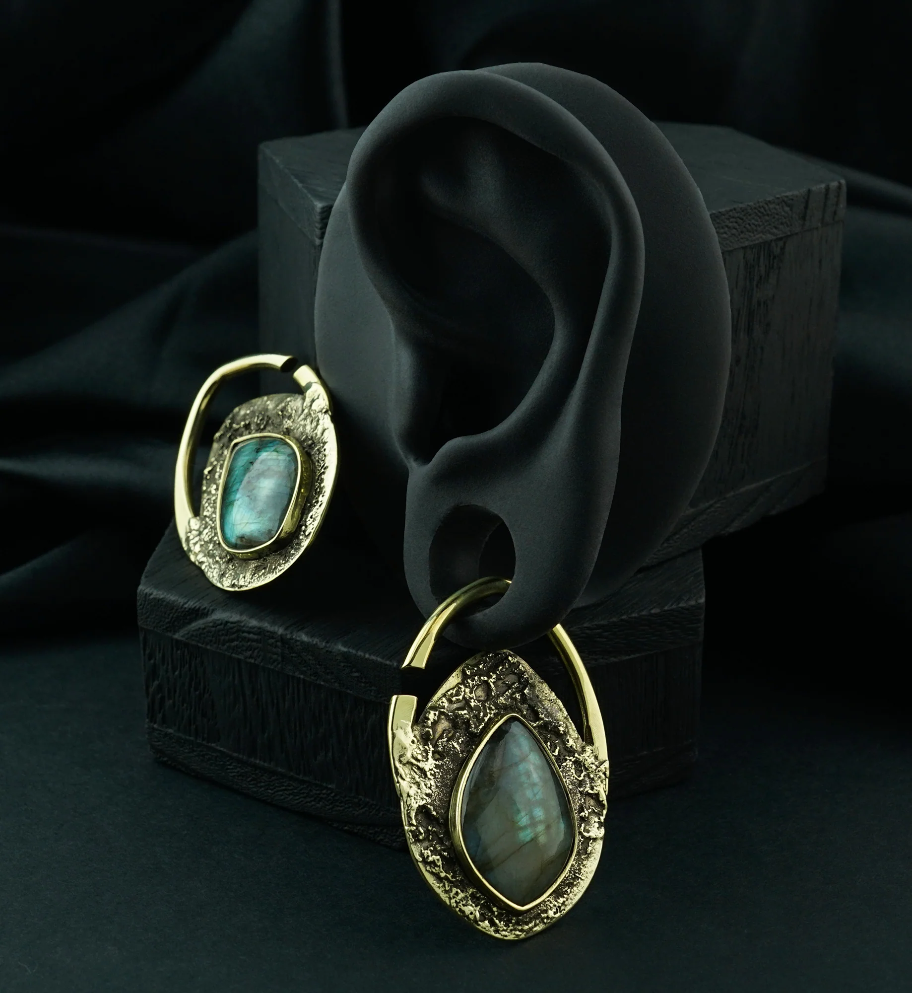 Hammered Teardrop Labradorite Stone Inlay Brass Ear Weights - Image 2