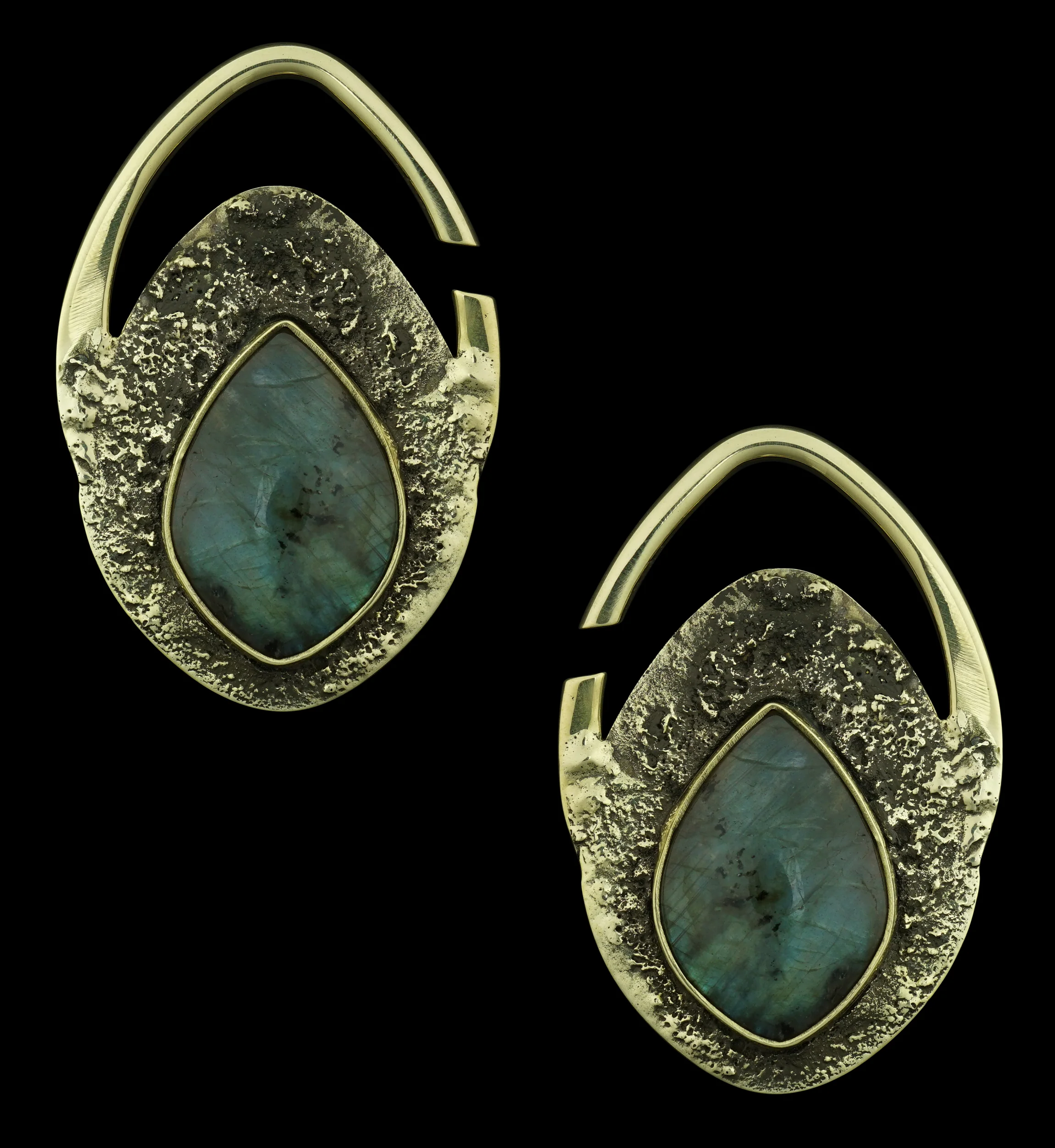Hammered Teardrop Labradorite Stone Inlay Brass Ear Weights - Image 3