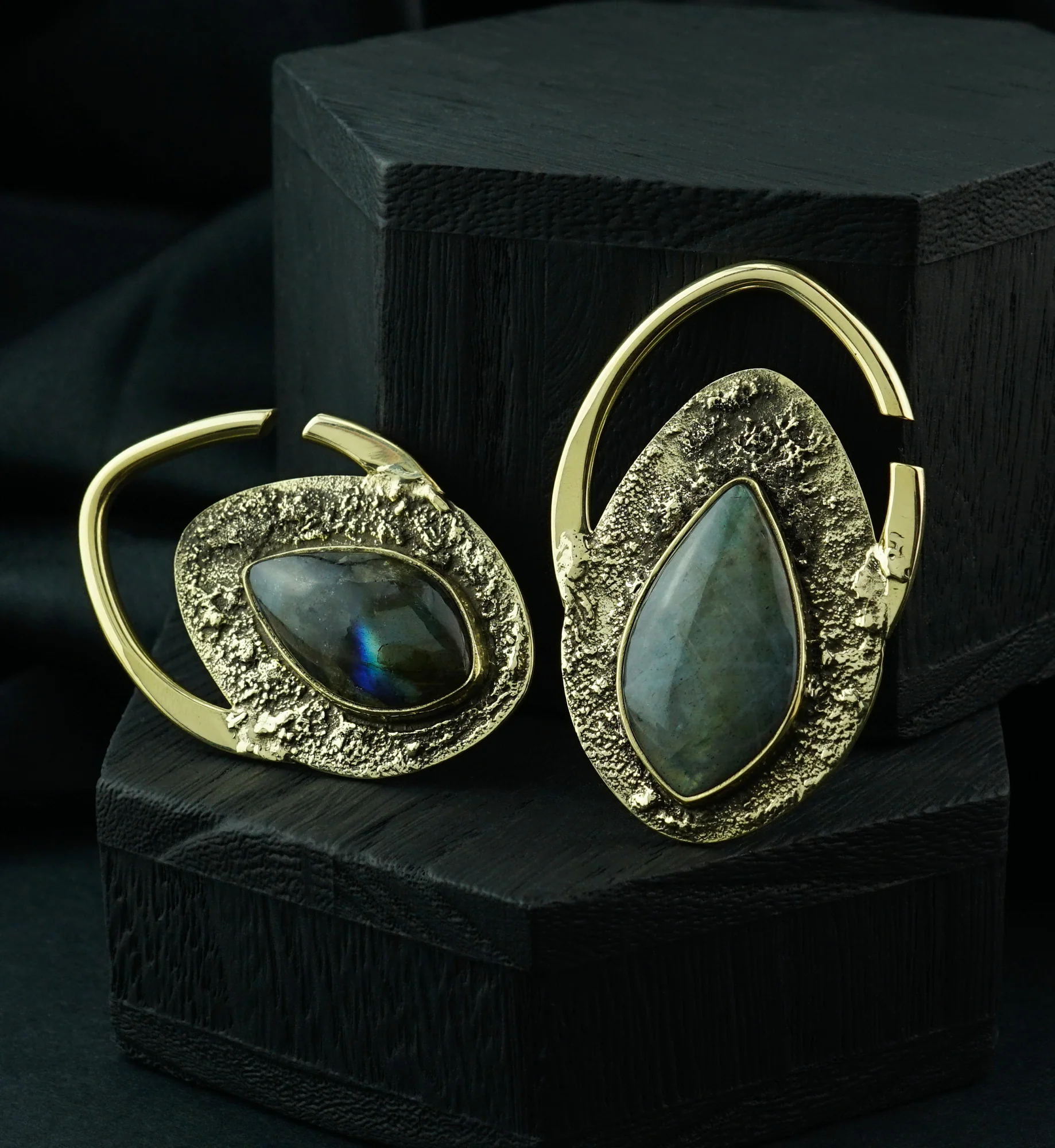 Hammered Teardrop Labradorite Stone Inlay Brass Ear Weights - Image 4