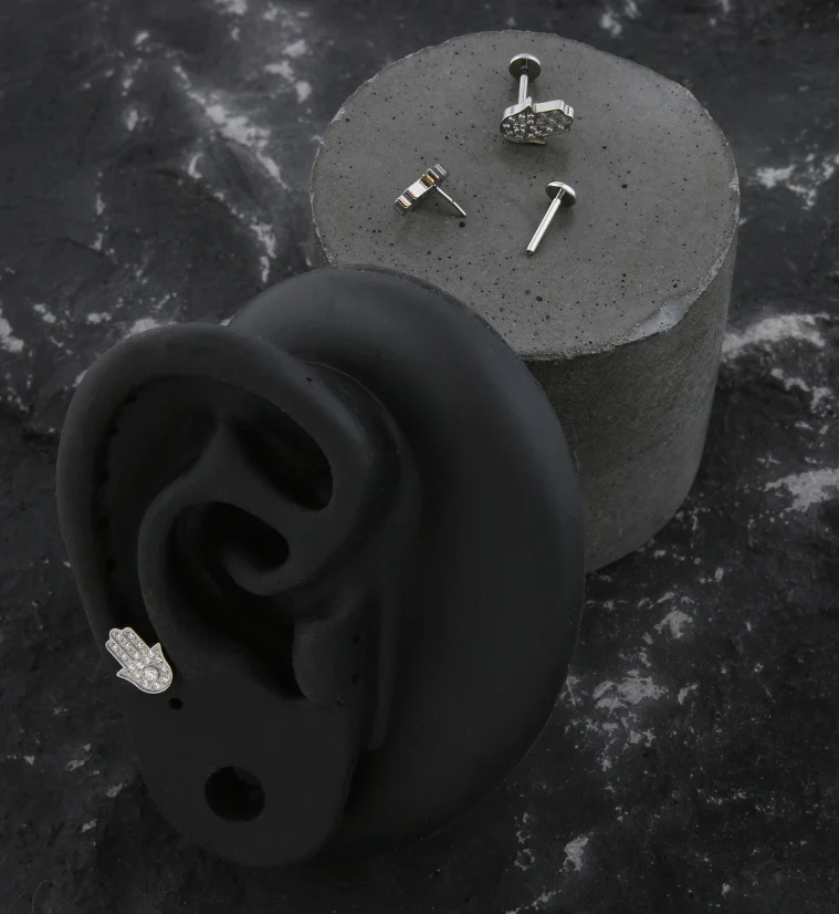 Hamsa Hand Clear CZ Threadless Titanium Labret - Image 2