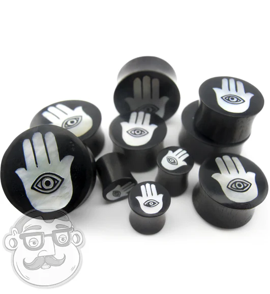 Hamsa Hand MOP Inlay Sono Wood Plugs - Image 5