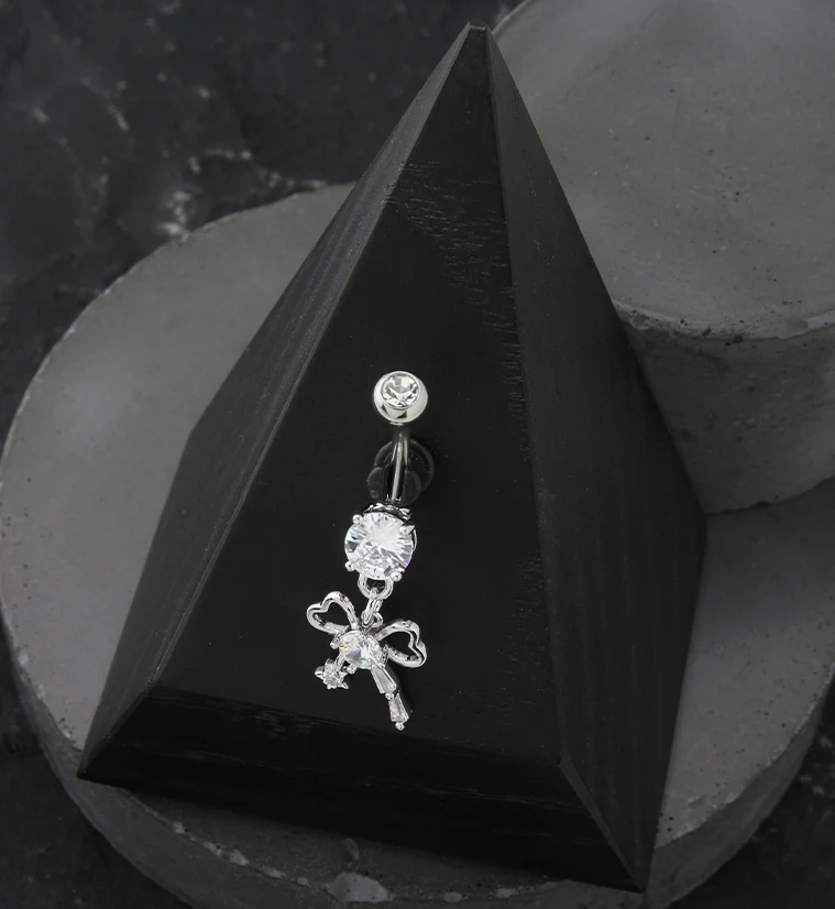 Heart Bow CZ Dangle Stainless Steel Belly Button Ring - Image 2