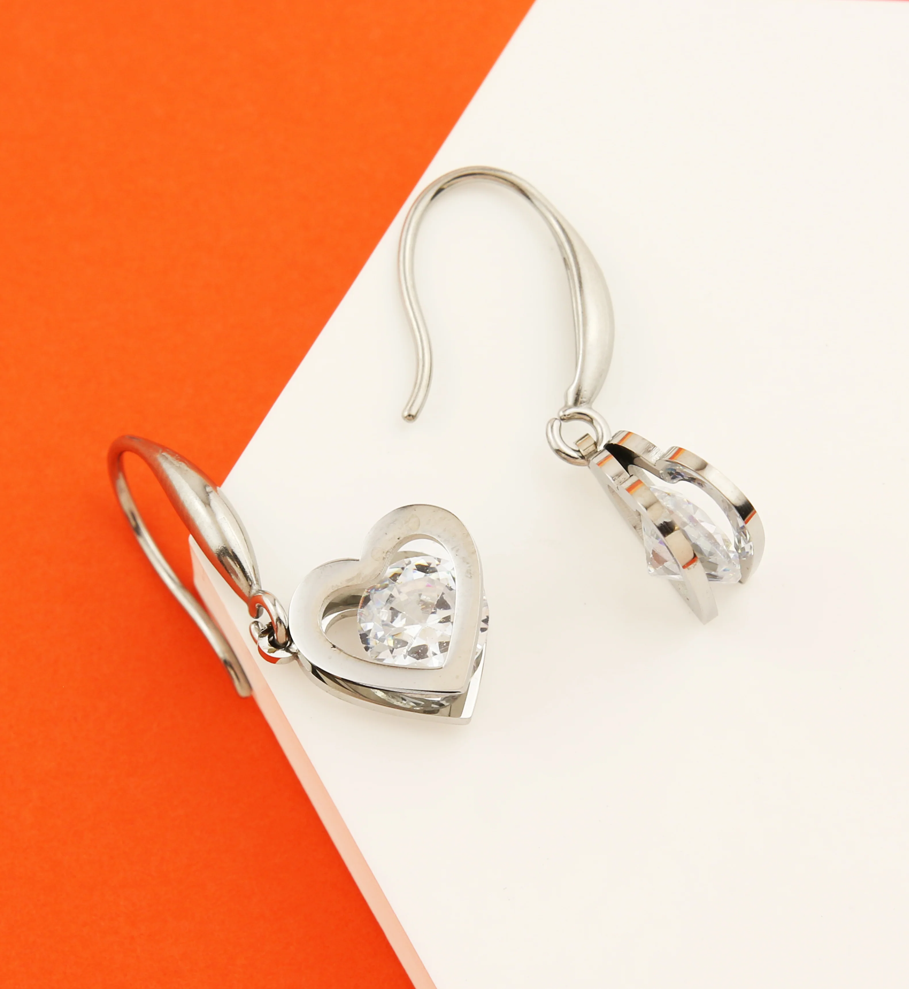 Heart Clear CZ Dangle Stainless Steel Earrings - Image 2