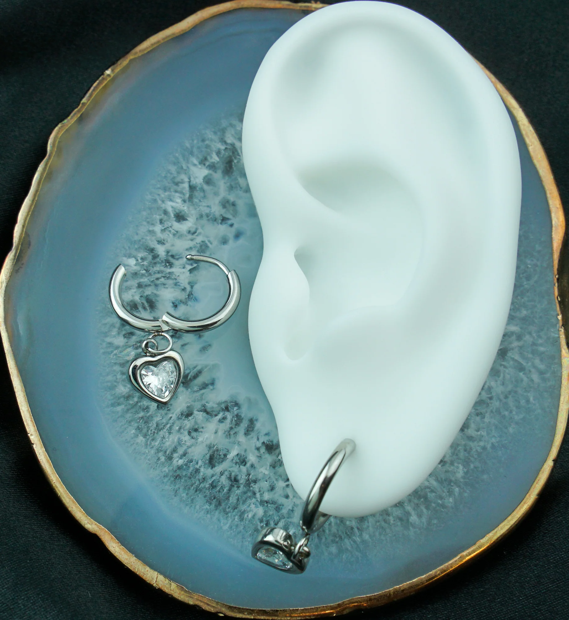 Heart Clear CZ Dangle Stainless Steel Hinged Earrings - Image 2