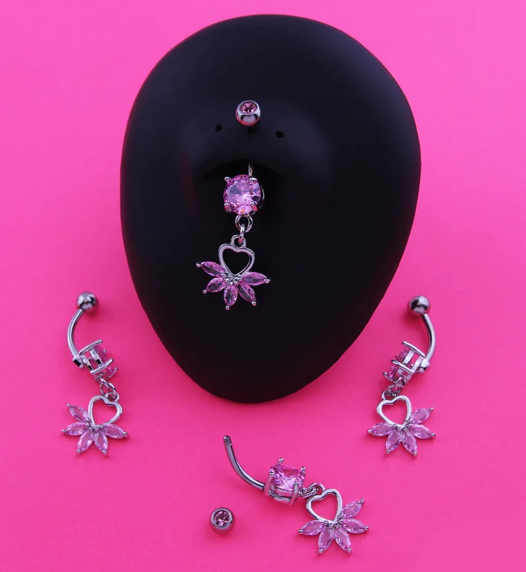Heart Flower Dangle Pink CZ Stainless Steel Belly Button Ring - Image 2