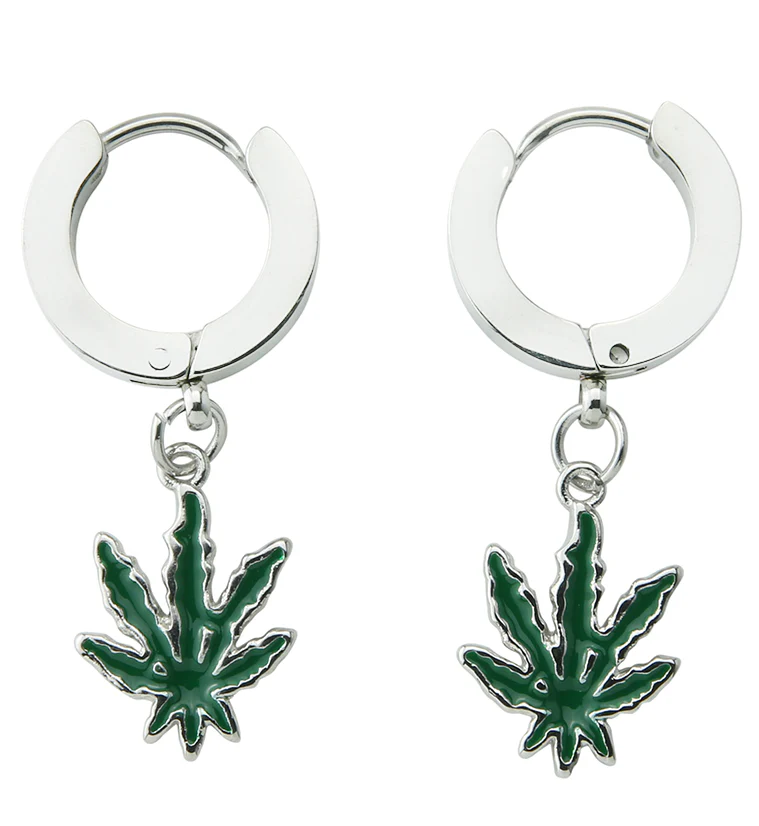 Hemp Leaf Stainless Steel Hoop Earrings - Image 3