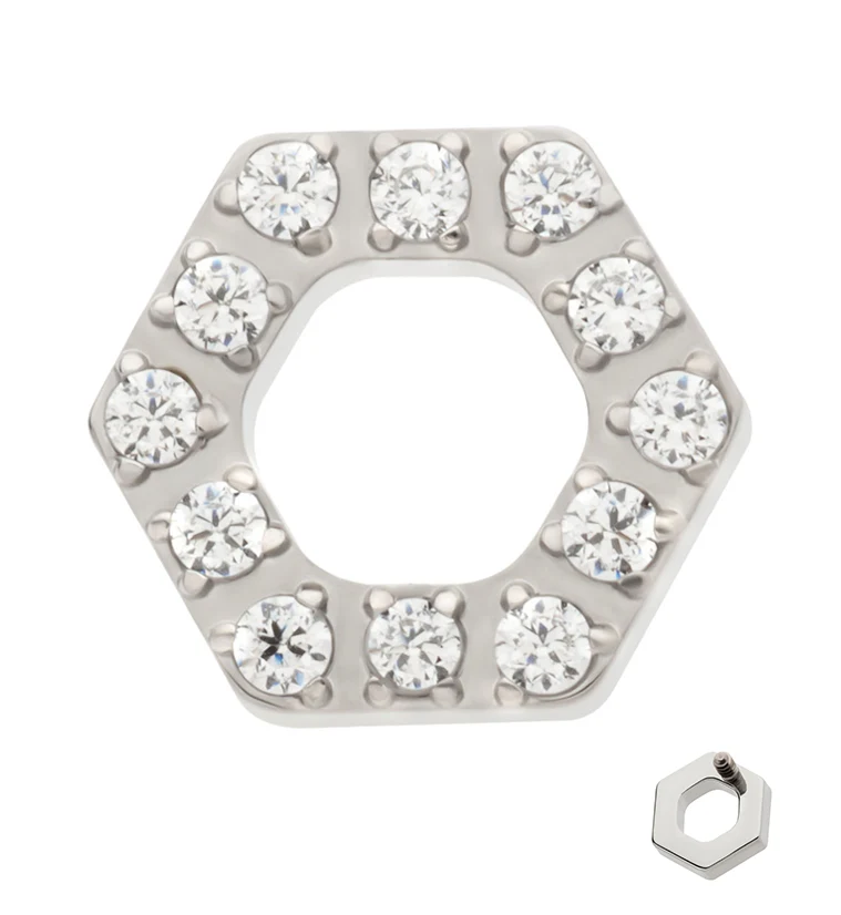 Hexagon Pave Clear CZ Internally Threaded Titanium Top