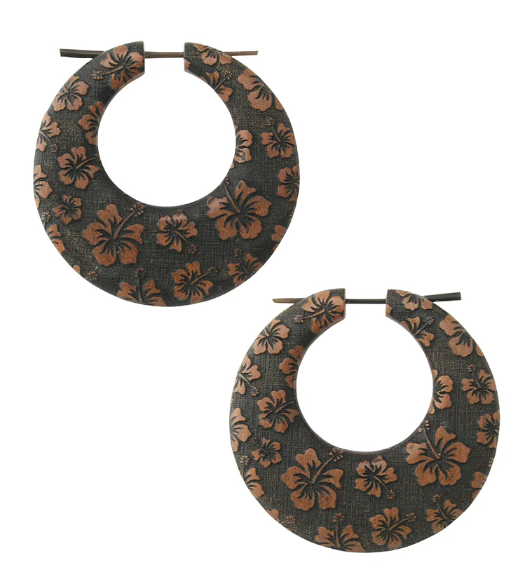 Hibiscus Flower Saba Wood Hoop Earrings