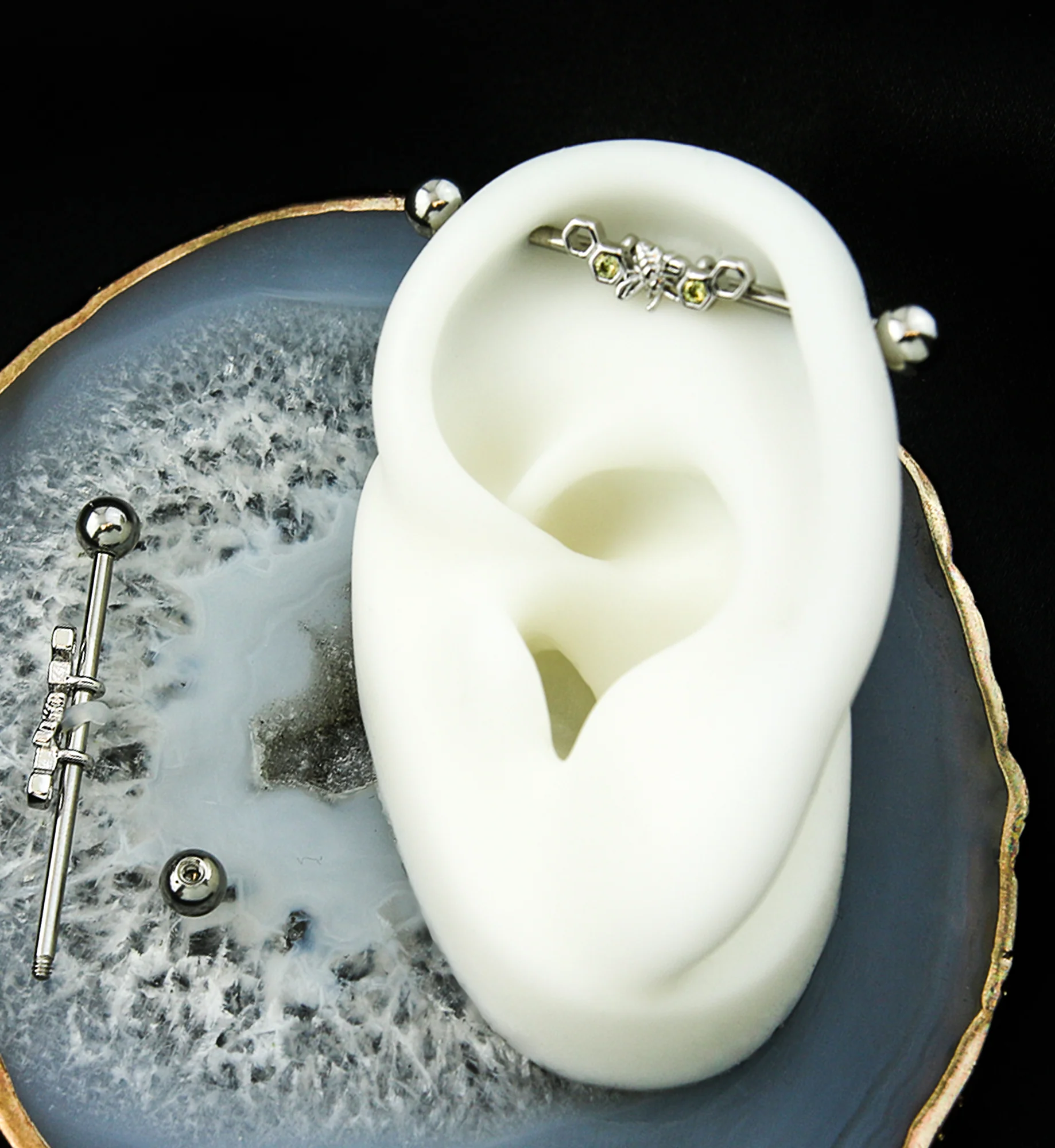Honeycomb Bee Yellow CZ Stainless Steel Industrial Barbell - Image 2