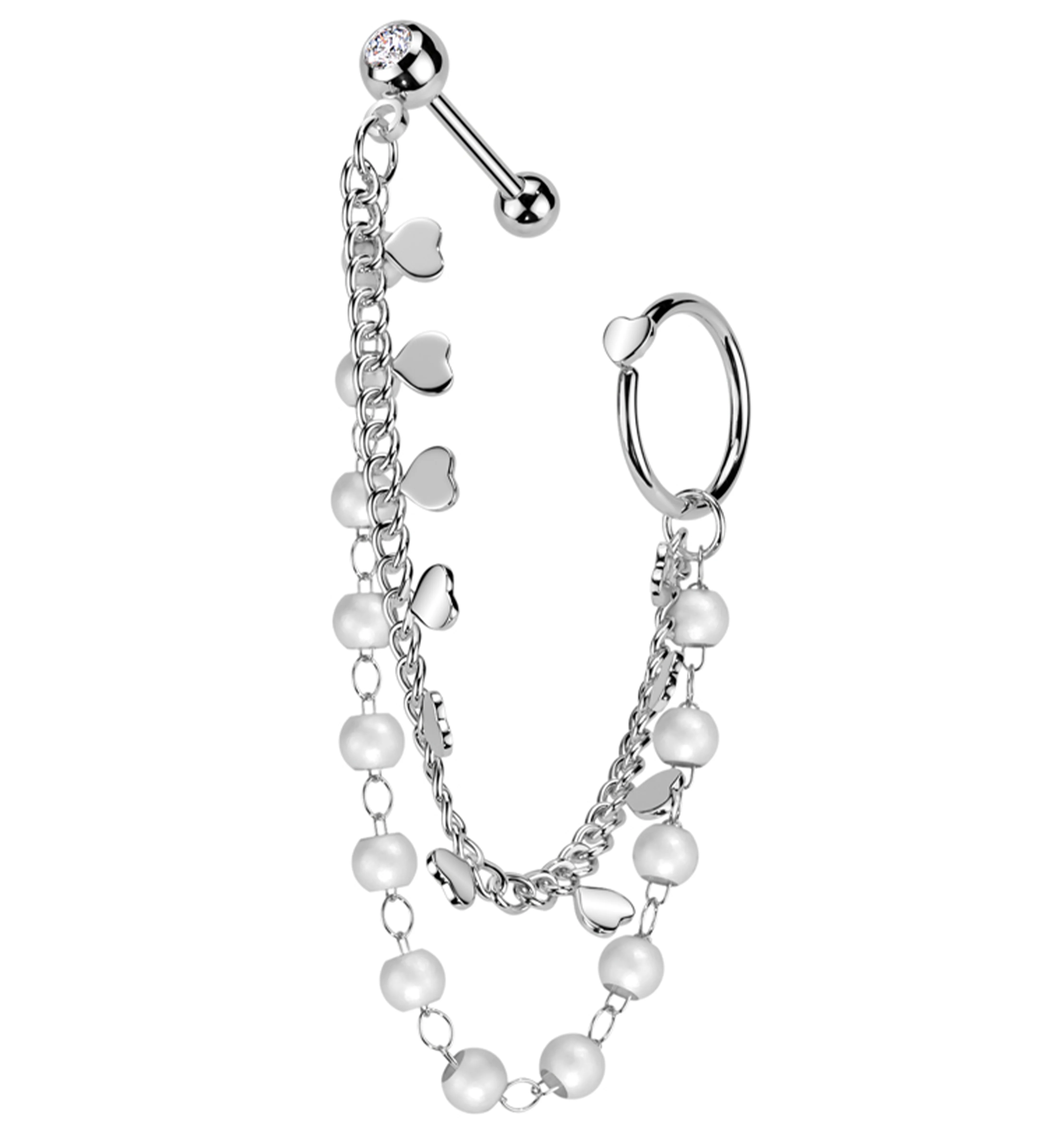 Hoop/Barbell Clear CZ Pearl And Heart Dual Piercing Chain