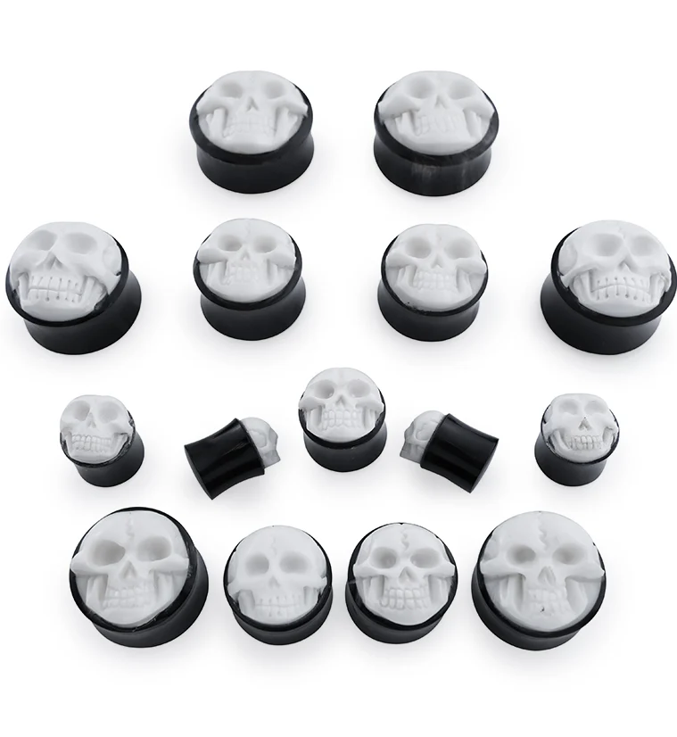 Horn Plugs With Carved Bone Skull Inlay - Image 5