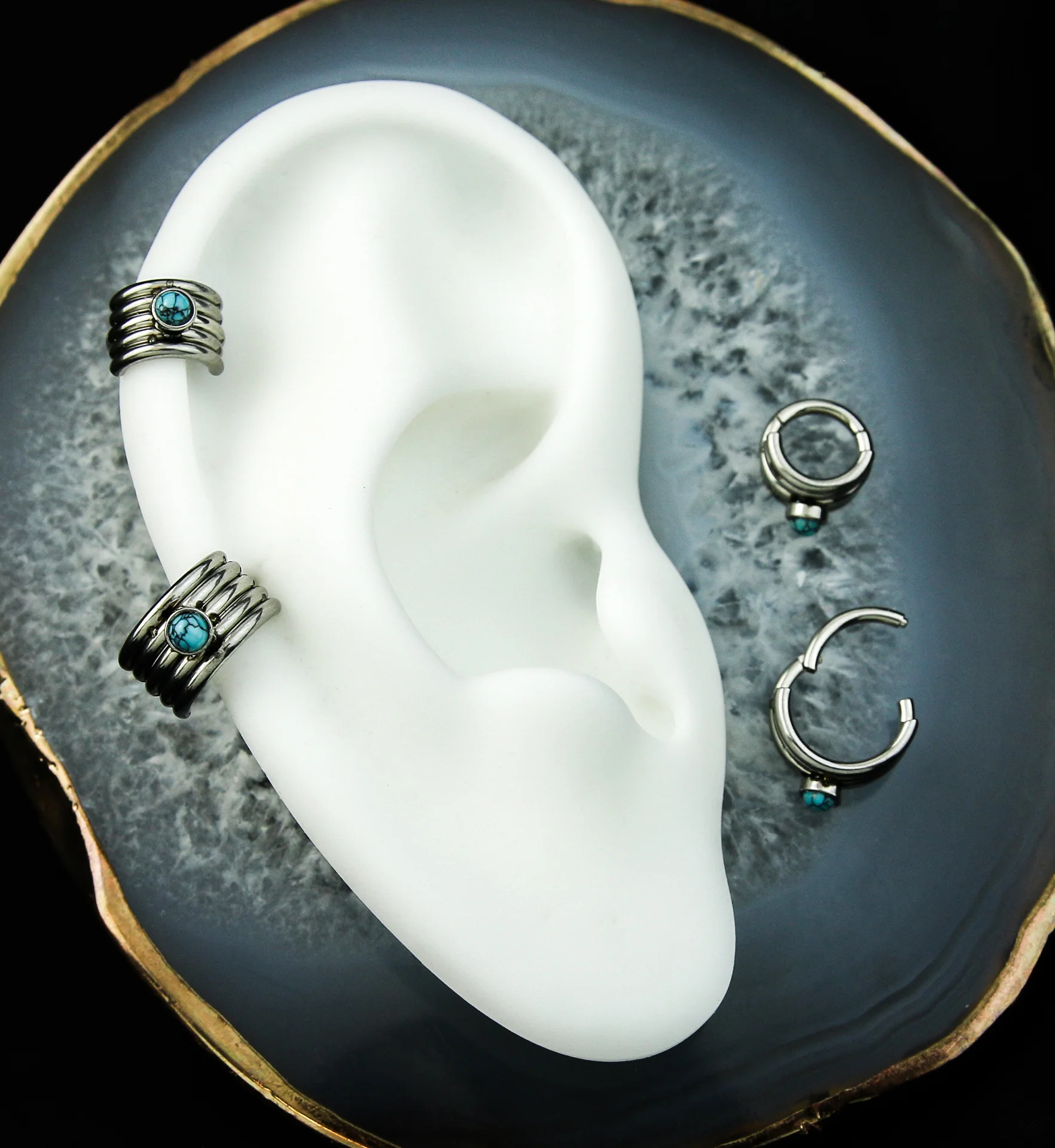 Howlite Turquoise Stacked Stainless Steel Hinged Cuff Segment Ring - Image 2