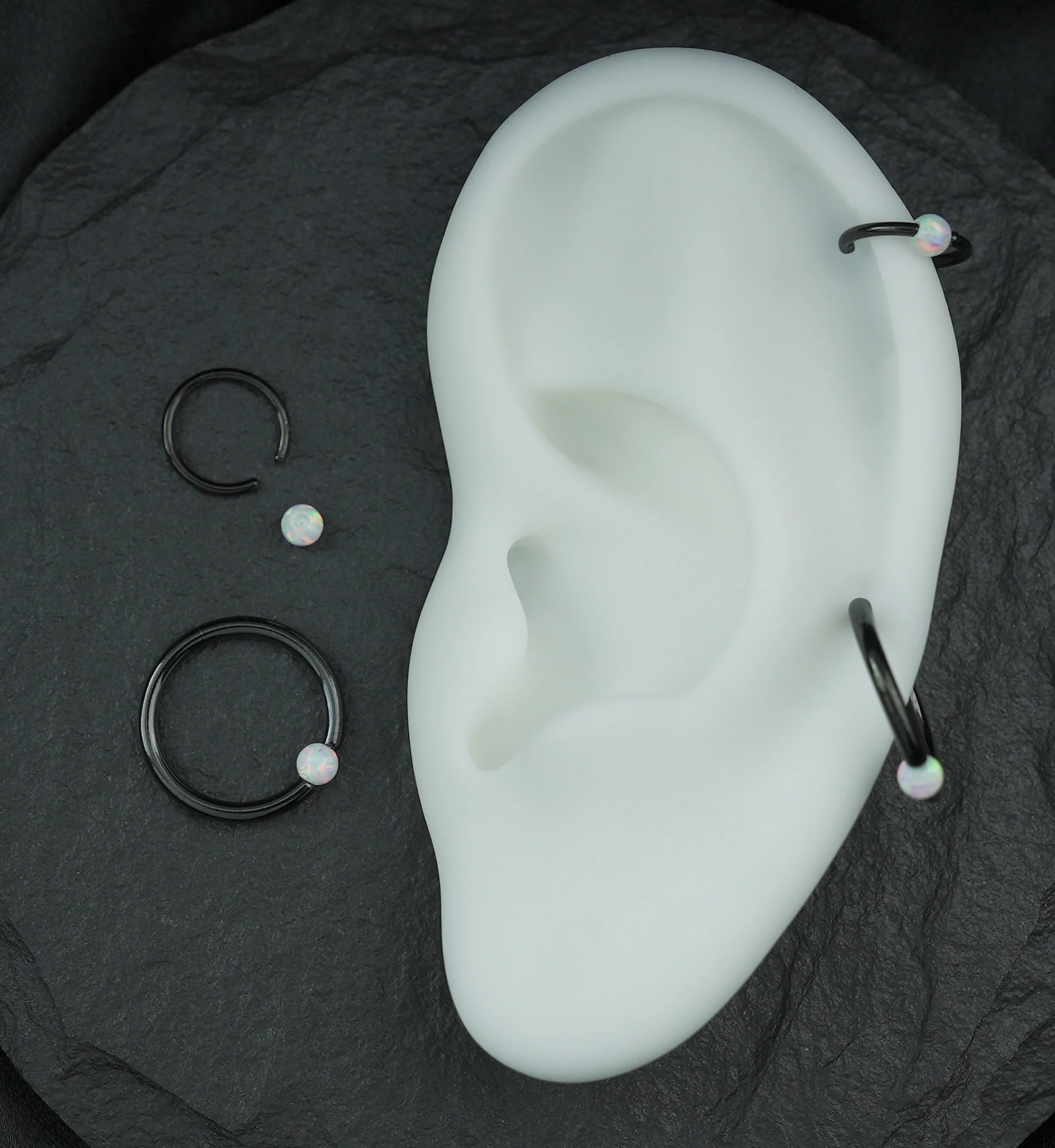 Black PVD White Opalite Captive Ring - Image 2