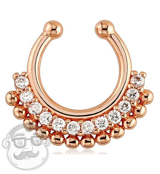 IP Rose Gold With Clear Gem Tribal Fan Fake Septum Ring Hanger