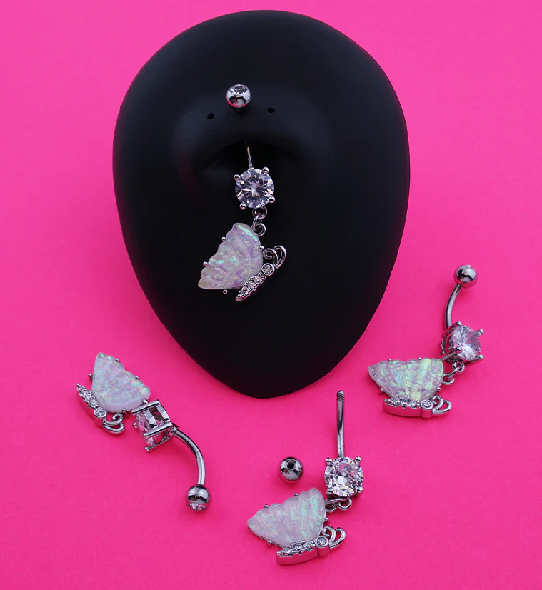 Iridescent Butterfly Wing Clear CZ Stainless Steel Belly Button Ring - Image 2