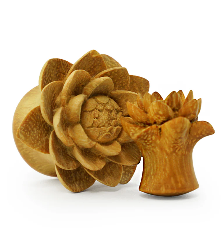Jackfruit Wood Carved Camellia Flower Plugs - Image 6