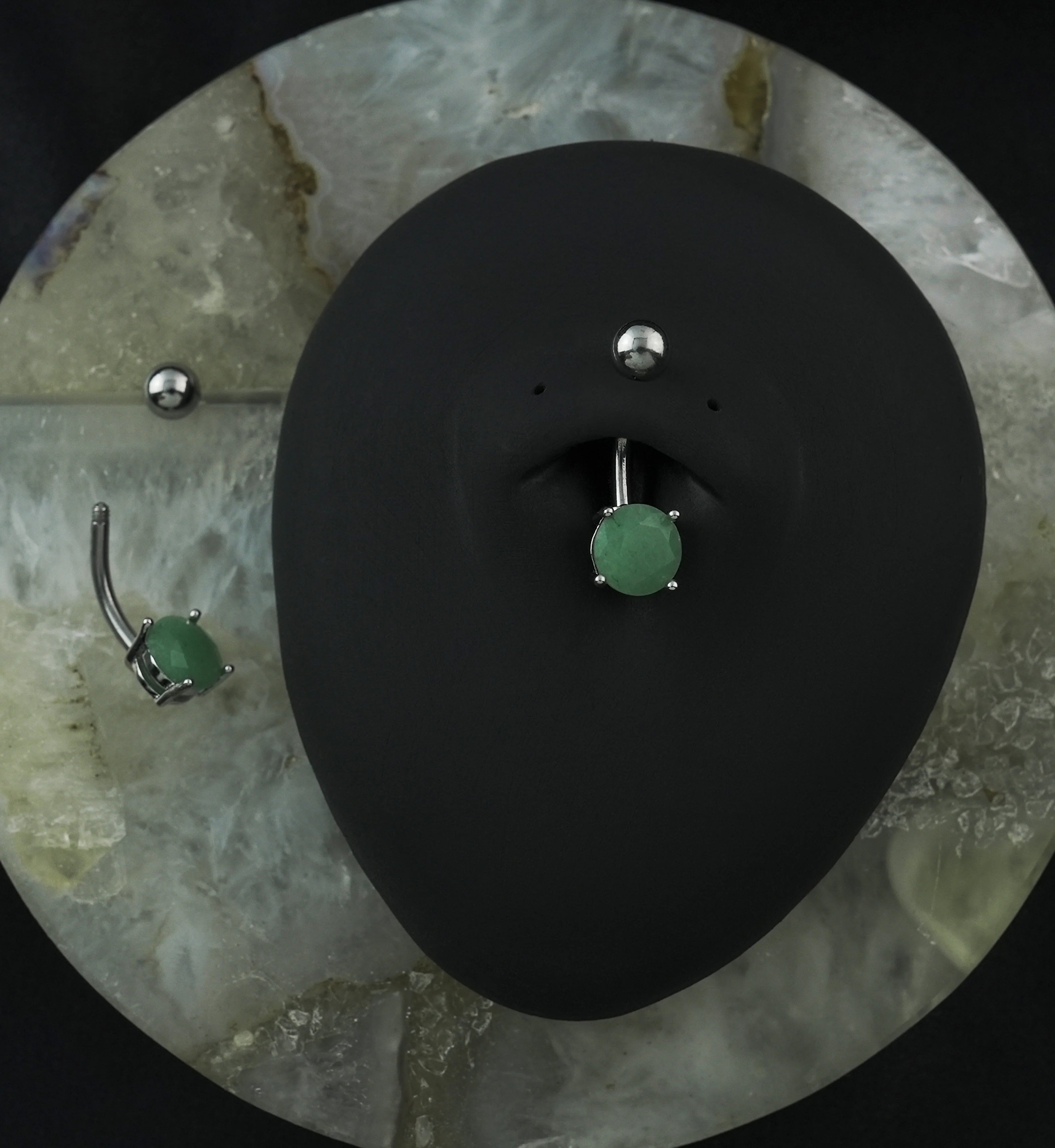 Jade Stone Prong Steel Belly Button Ring - Image 2
