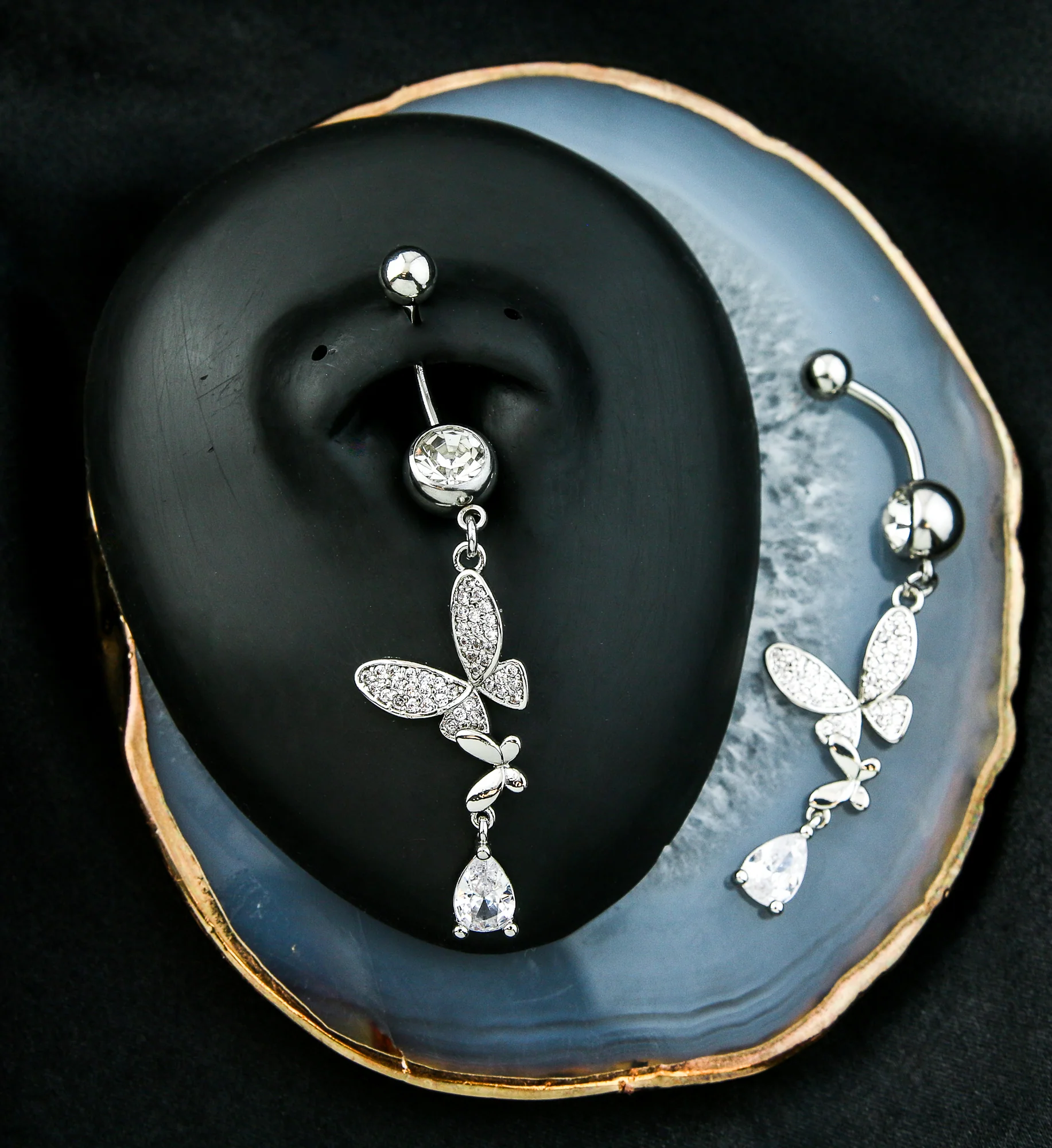 Jointed Butterfly Clear CZ Teardrop Dangle Stainless Steel Belly Button Ring - Image 2