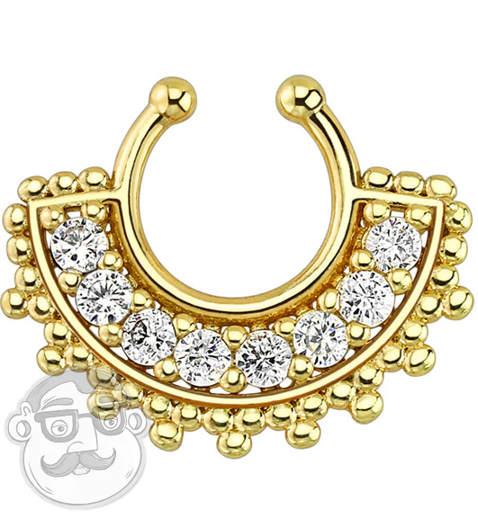 Large IP Gold With Clear Gem Tribal Fan Fake Septum Ring Hanger