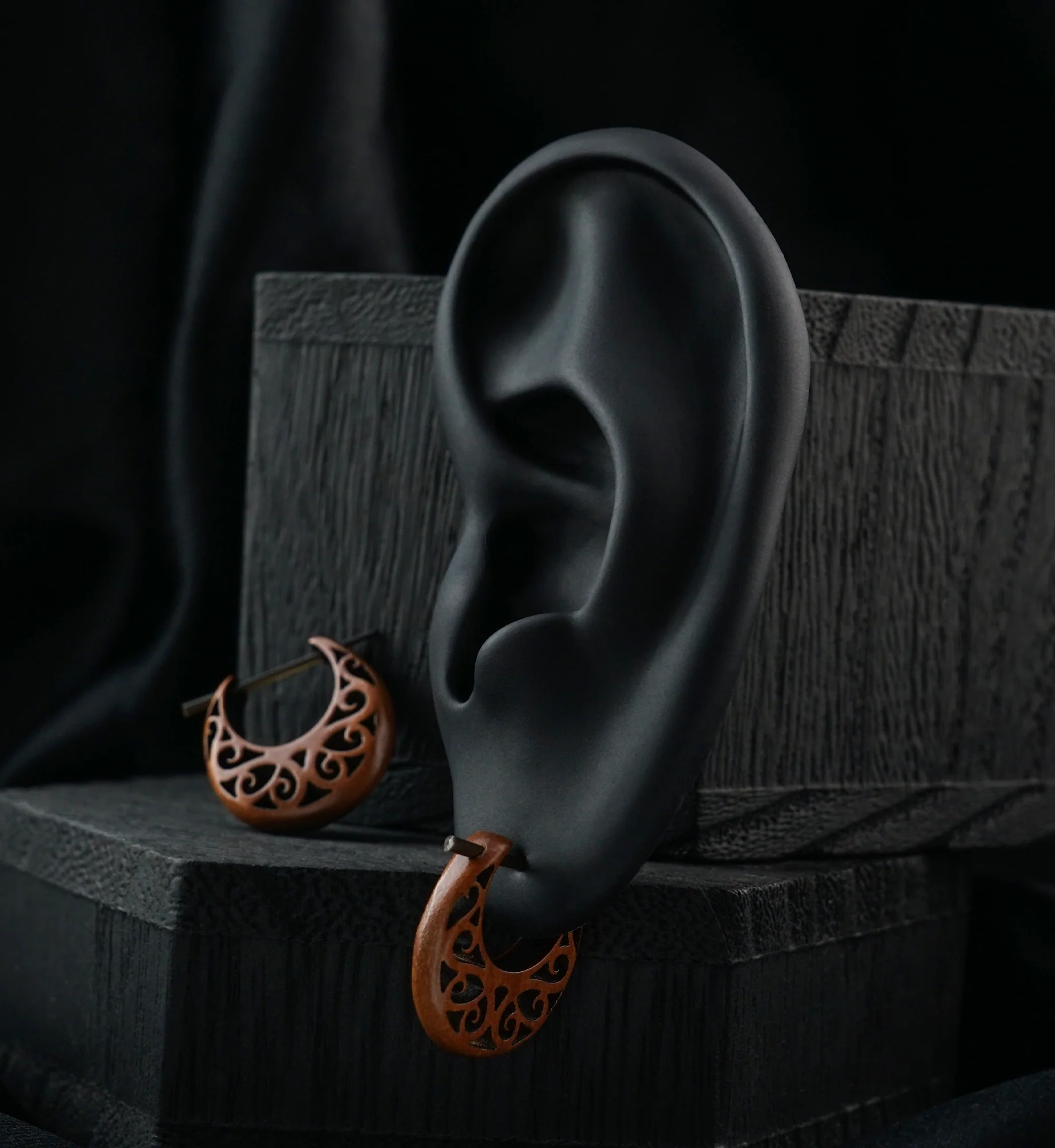 Lattice Hoop Wood Earrings - Image 2