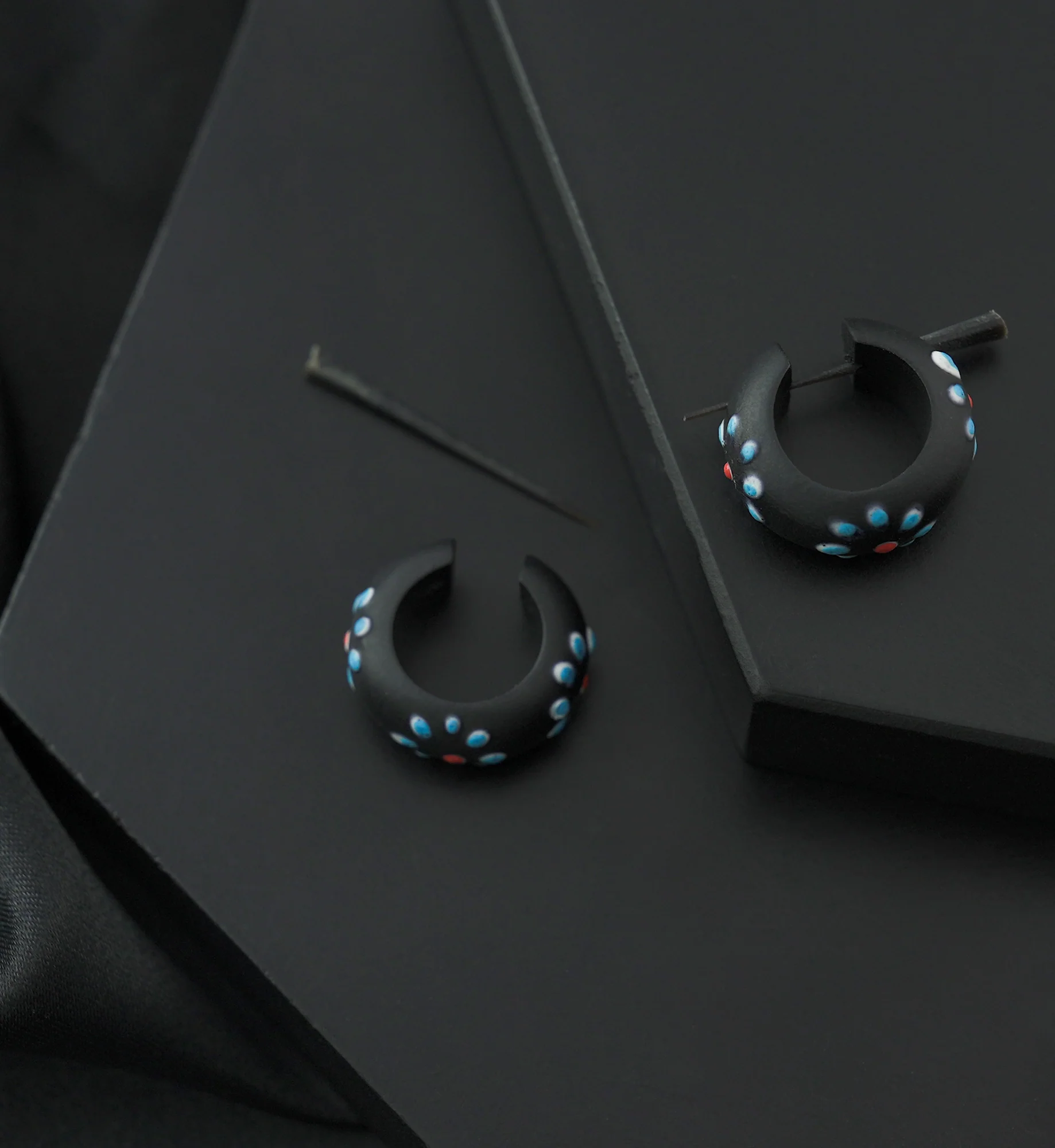 Light Blue Flower Wooden Hoop Earrings - Image 2