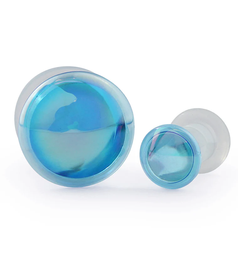 Light Blue Oil Splash Single Flare Glass Plugs - Image 3