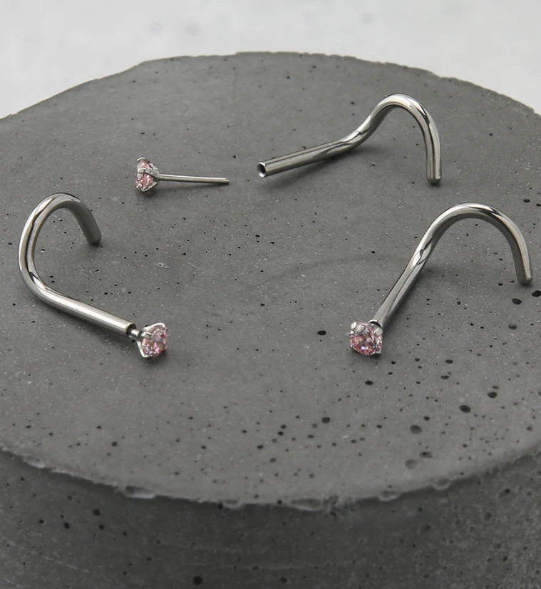 Light Pink CZ Titanium Threadless Nose Screw Ring - Image 2