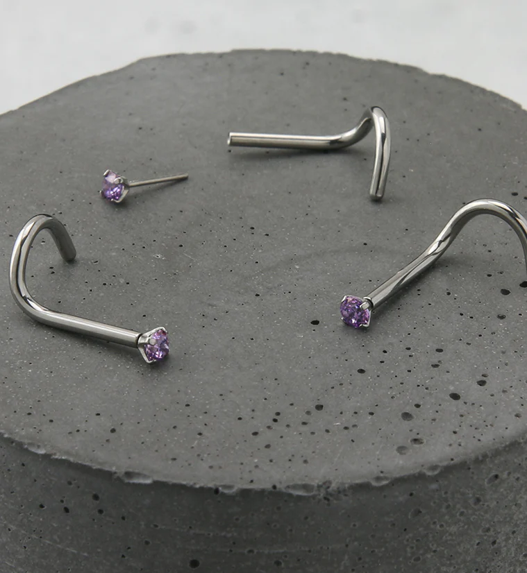 Light Purple CZ Titanium Threadless Nose Screw Ring - Image 2