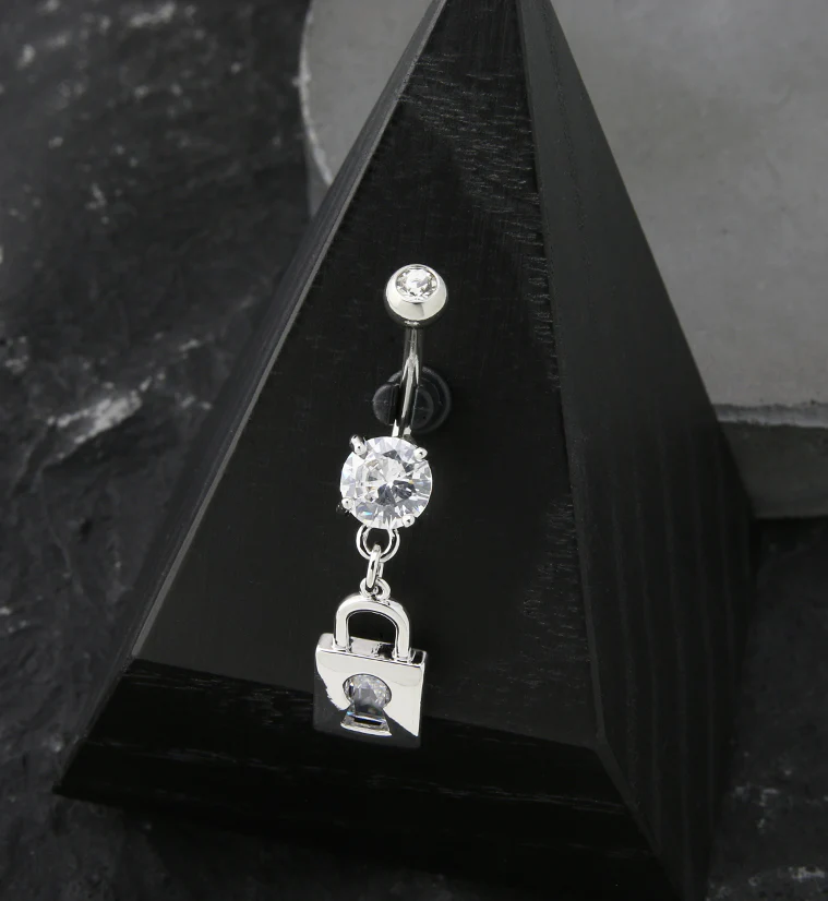 Lock CZ Dangle Stainless Steel Belly Button Ring - Image 2
