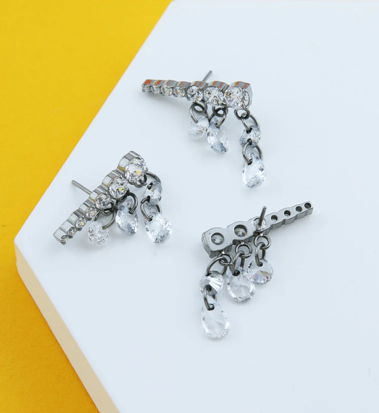 Long Descending Clear CZ Dangle Charms Titanium Threadless Top - Image 4