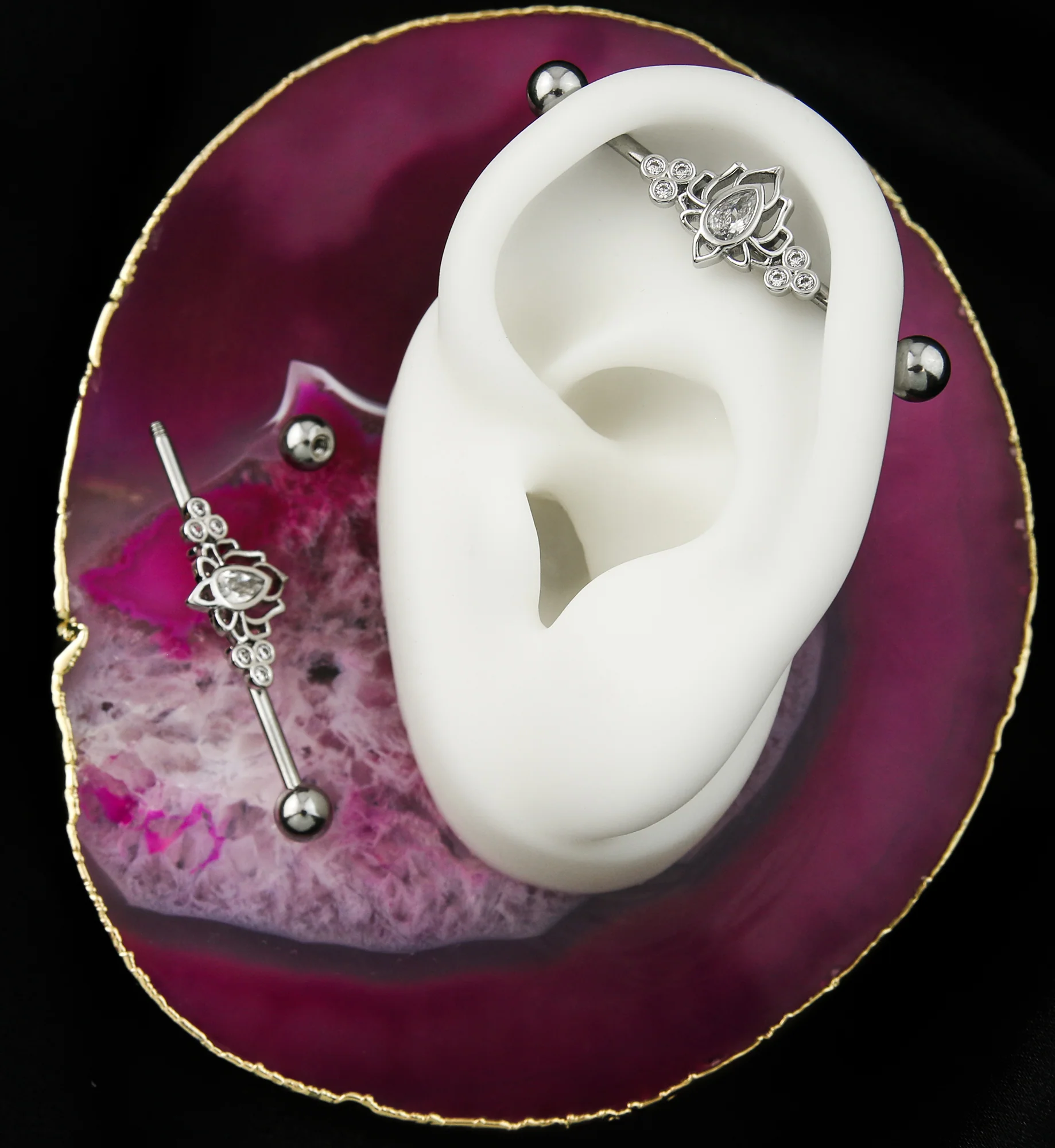 Lotus Clear CZ Stainless Steel Industrial Barbell - Image 2