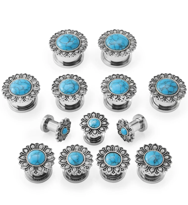 Lotus Flower Howlite Turquoise Stainless Steel Tunnel Plugs - Image 3