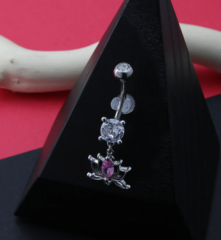 Lotus Flower Pink CZ Belly Button Ring - Image 2