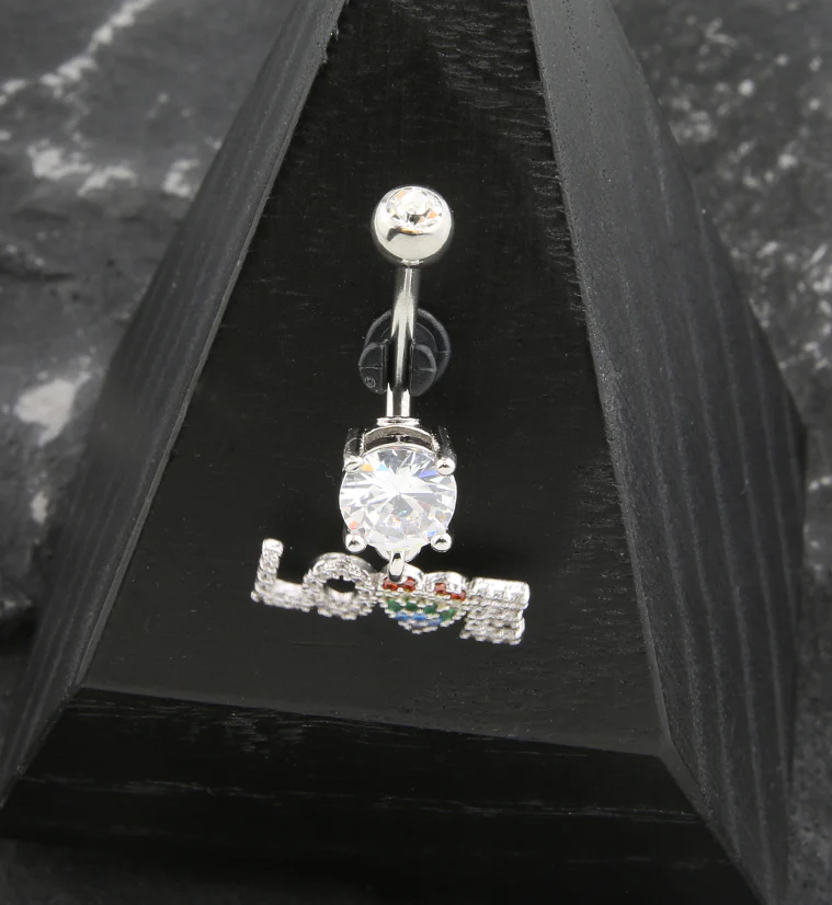 LOVE Rainbow Heart CZ Dangle Stainless Steel Belly Button Ring - Image 2