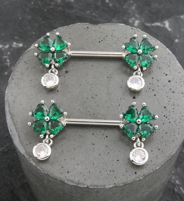 Lucky Clover Green CZ Dangle Stainless Steel Nipple Barbell - Image 2