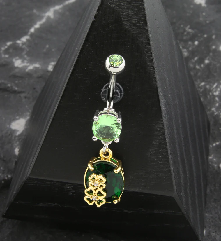 Lucky Clover Green Oval CZ Dangle Stainless Steel Belly Button Ring - Image 2