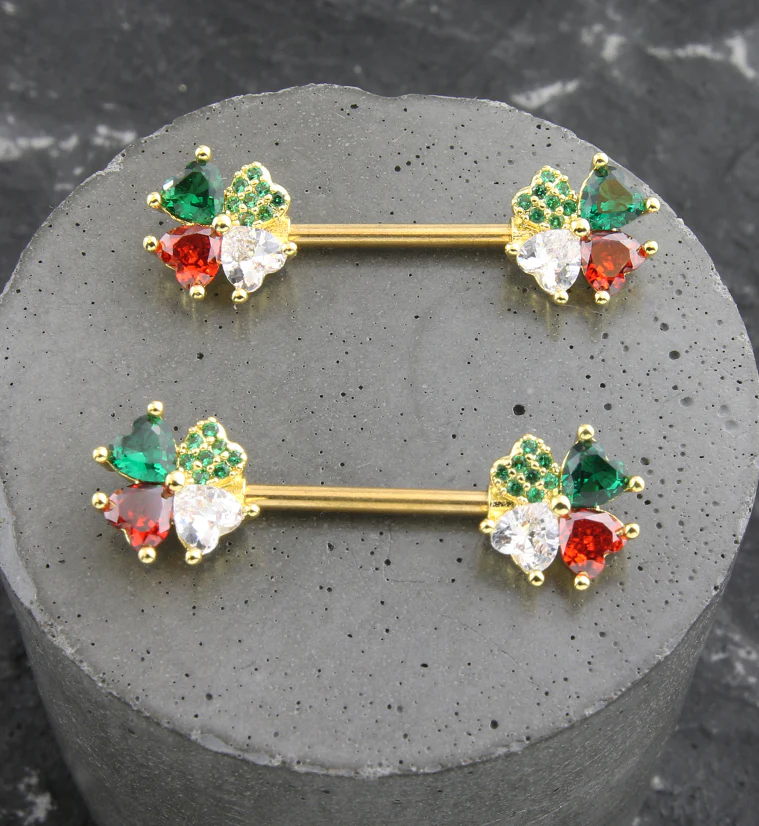 Gold PVD Lucky Clover Red And Green CZ Dangle Stainless Steel Nipple Barbell - Image 2