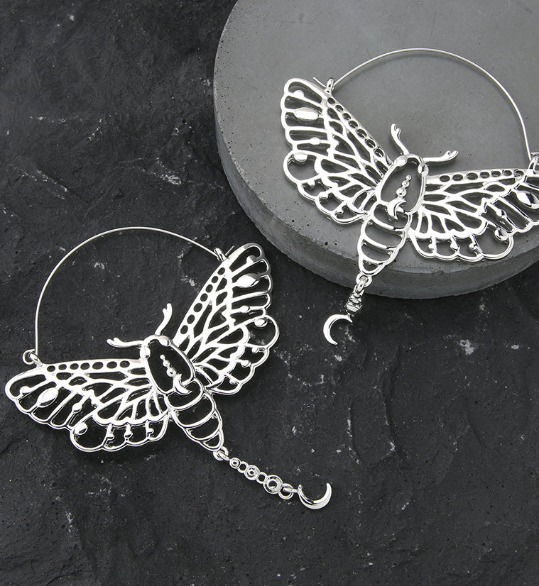 Luna Moth Dangle Moon Stainless Steel Plug Hoops - Image 2