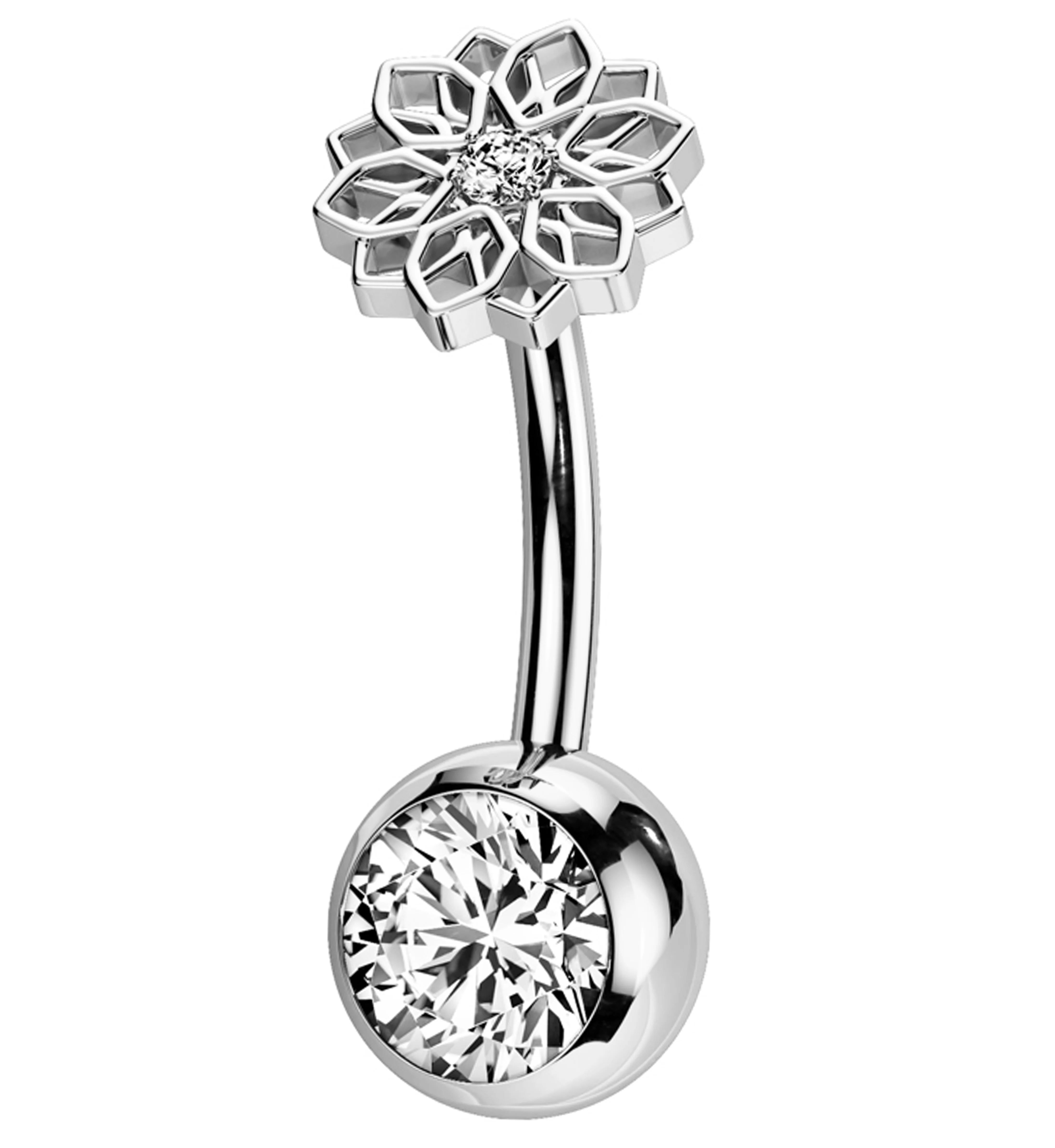 Mandala Flower Clear CZ Titanium Threadless Belly Button Ring