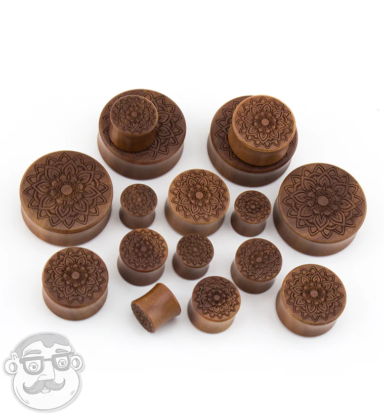 Mandala Flower Engraved Saba Wood Plugs - Image 2